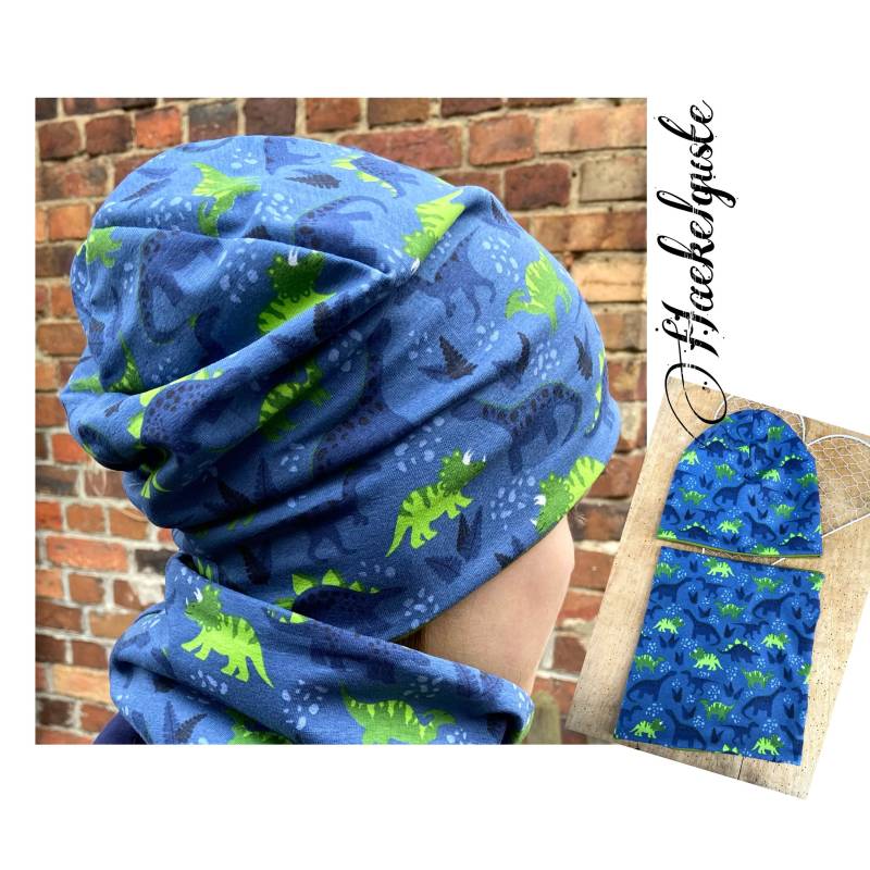 Mütze Dino, Beanie/ Loop Set, Dinosaurier Übergang Gefüttert 2 Lagig von Haekelguste