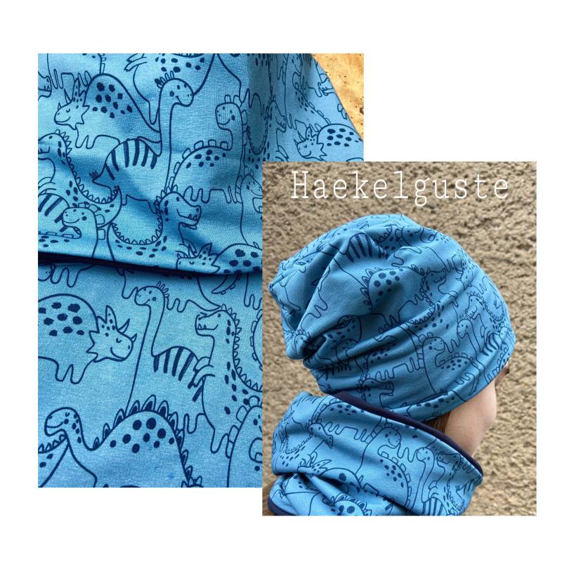 Mütze " Dino Beanie O. Loop Jersey Fleece Kinder Unisex Dinosaurier Blau Jungen Übergang Gefüttert 2 Lagig von Haekelguste