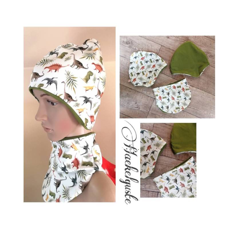 Mütze " Dino Zipfelmütze Ohrenmütze Zum Wenden Kindermütze Doppellagig Jungen Grün von Haekelguste