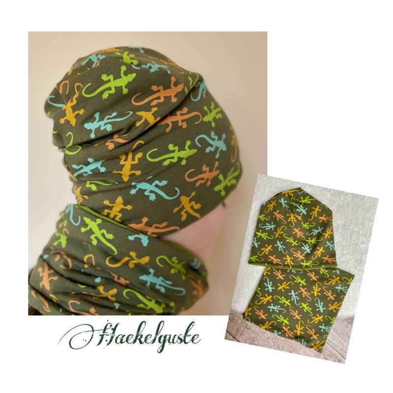 Mütze Gekko Beanie O. Loop Oliv Kinder Grün Gefüttert Übergang Junge Jersey Fleece Doppellagig Kleinkind Set Tiere Gelb von Haekelguste