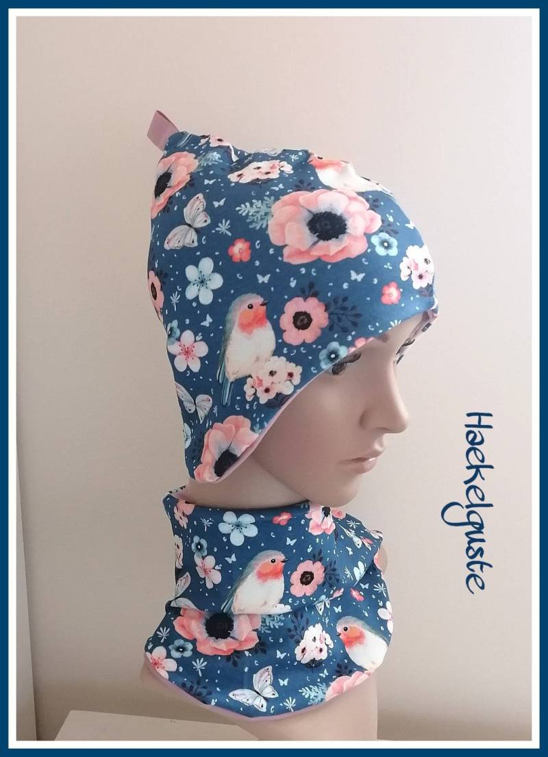 Mütze " Rotkehlchen Mädchen Ohrenmütze Blau Vogel Zipfelmütze Halssocke Übergang von Haekelguste