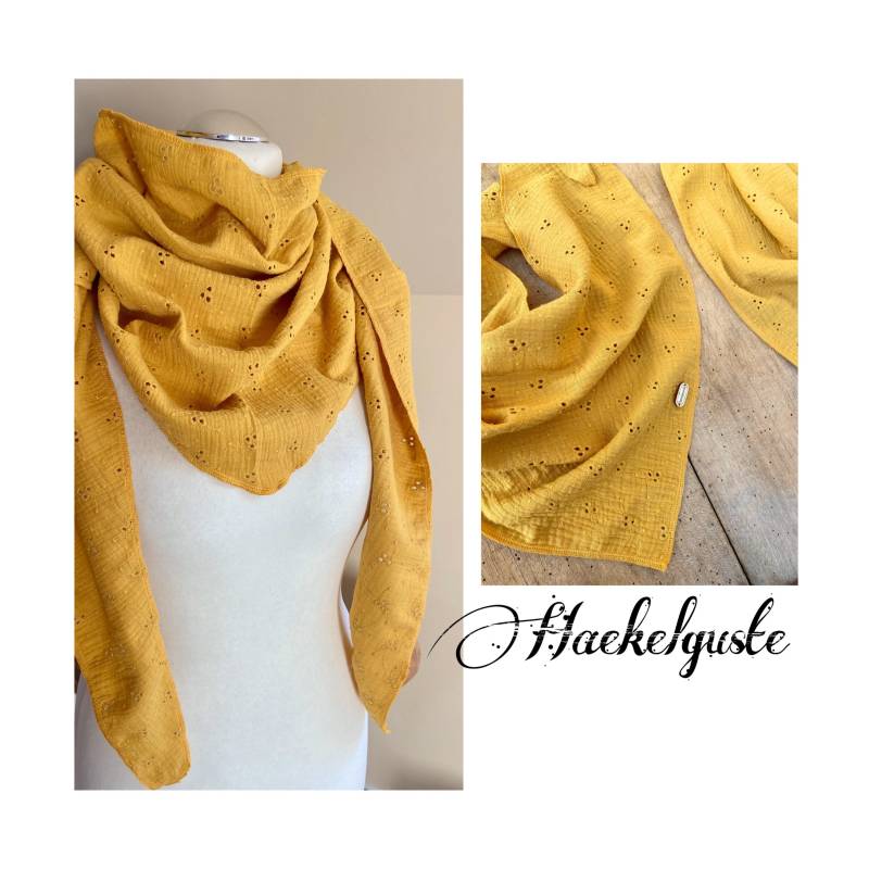 Musselin Versch. Größen Kinder Damen Dreieckstuch Senfgelb Okker Tuch Schal Geschenk Mama Oma Freundin von Haekelguste
