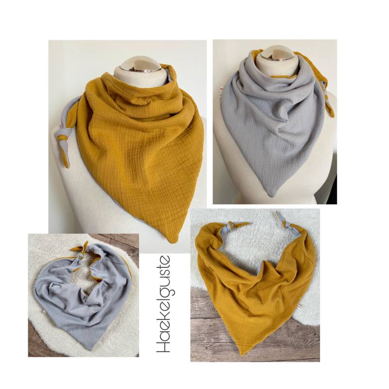Musselin Wende - Dreieckstuch Grau Gelb Senf Curry Damen Tuch Teen Kinder Geschenk Zum Knoten von Haekelguste