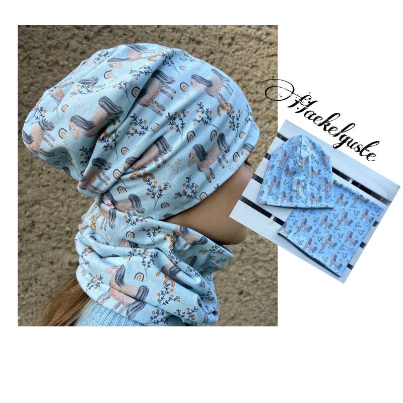 Pferd Beanie/Loop Set Mädchen, Mütze, Longbeanie, Hellblau Mintgrün Grau von Haekelguste