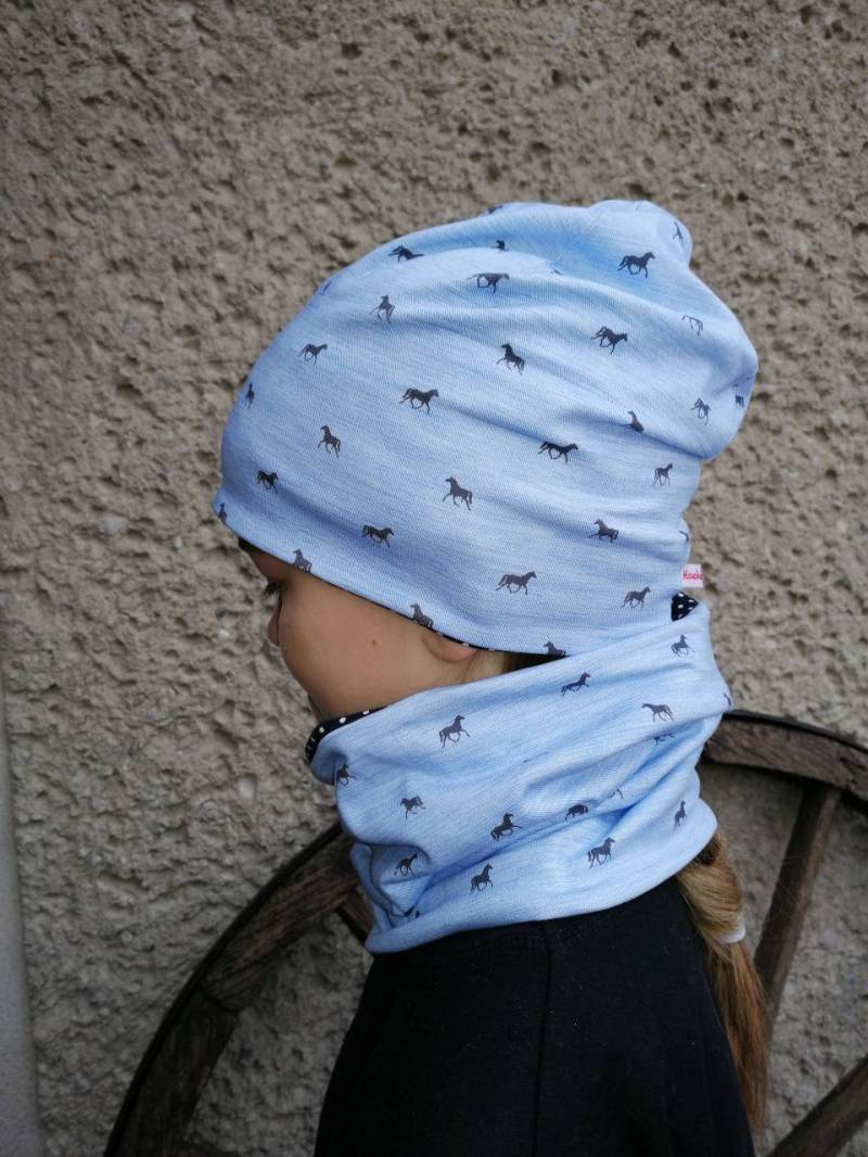Pferd Beanie/Loop Set Mädchen, Mütze Schal Girl von Haekelguste