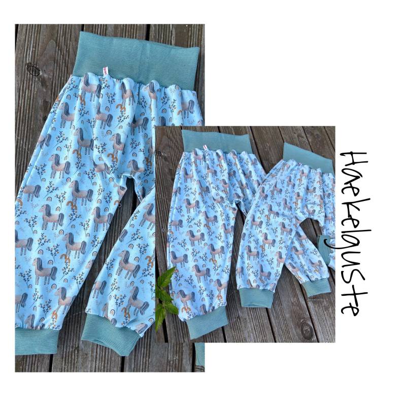 Pferd Bio Jersey Pumphose Sarouelhose Kinder Mädchen Jogger Pants Kita Wechselhose Krabbelhose Windelhose Mitwachshose Einhorn Pony Grün von Haekelguste