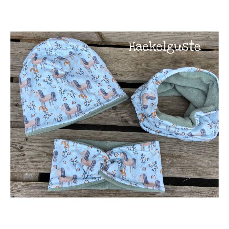 Pony Beanie + Loop , Stirnband, Pferd Mädchen Mütze, Übergang Gefüttert Knotenstirnband von Haekelguste