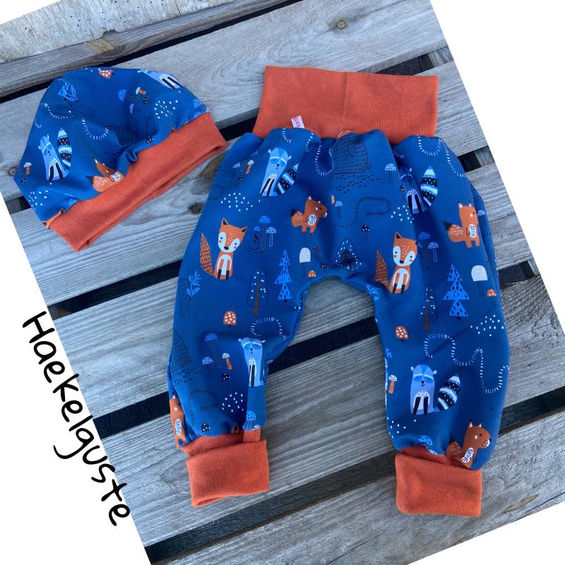 Pumphose Dunkelblaue Hose Jogger Pants Kinder Unisex Baby Mädchen Junge Kindergarten Mitwachshose Rost Fuchs Waldtiere Mütze Mit Bündchen von Haekelguste