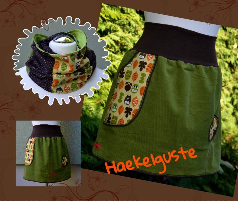 Rock "Eule" Cord A-Form Damen Oliv Grün Mit Taschen von Haekelguste