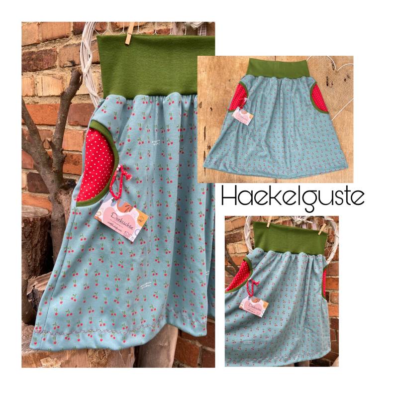 Rock " Kirschkern Damen Mit Taschen Kirsche Sommer Hellblau Rot Grün Bio Jersey von Haekelguste