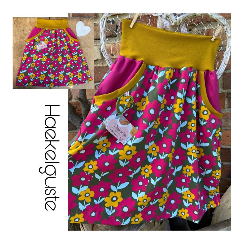 Rock Retro Blume A-Form Damen Jersey Blumen Mit Taschen Sommer Ausgestellt von Haekelguste