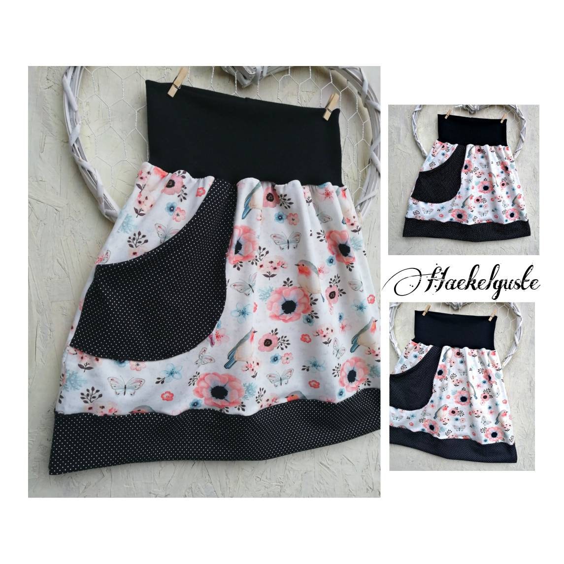 Rotkehlchen Rock A-Form Damen Creme Vogel Mit Taschen Jersey Ausgestellt von Haekelguste