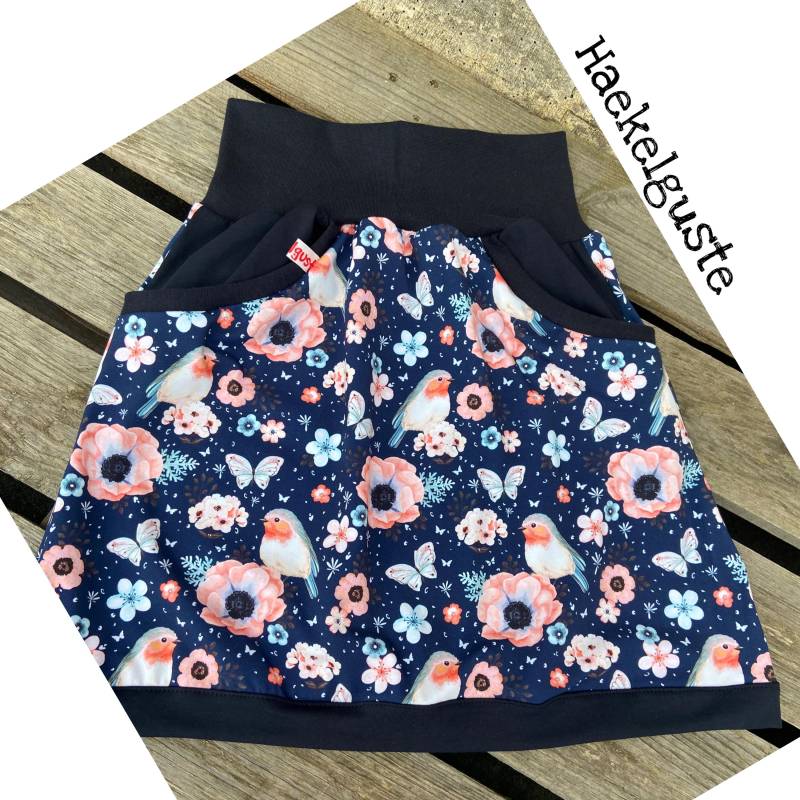 Rotkehlchen Rock A-Form Damen Mit Taschen Hüftrock Vogel Dunkelblau Rosen von Haekelguste