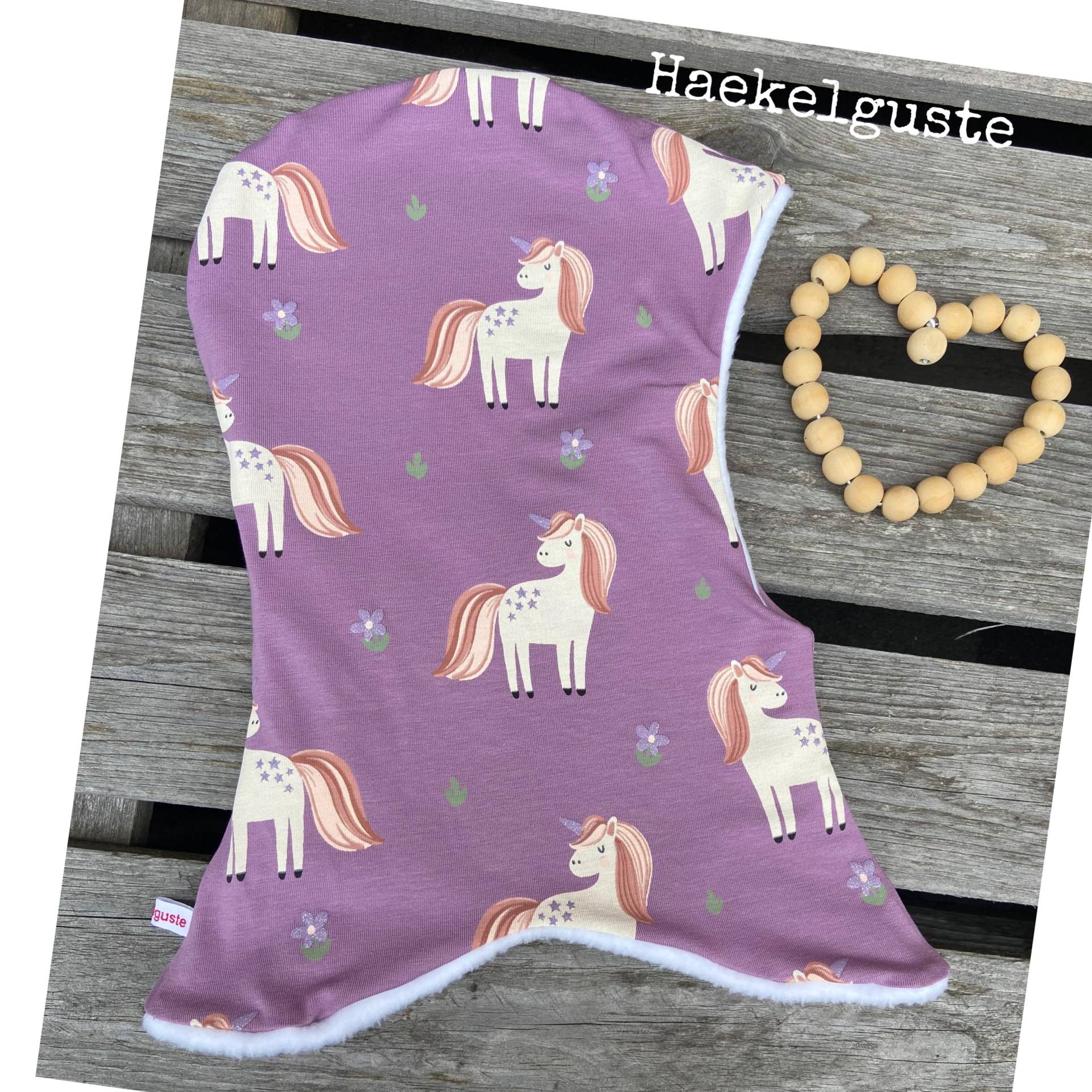 Schlupfmütze Einhorn Jersey O. Fleece Ohrenmütze Mädchen Blau Schalmütze Zipfelmütze Pony Pferd von Haekelguste