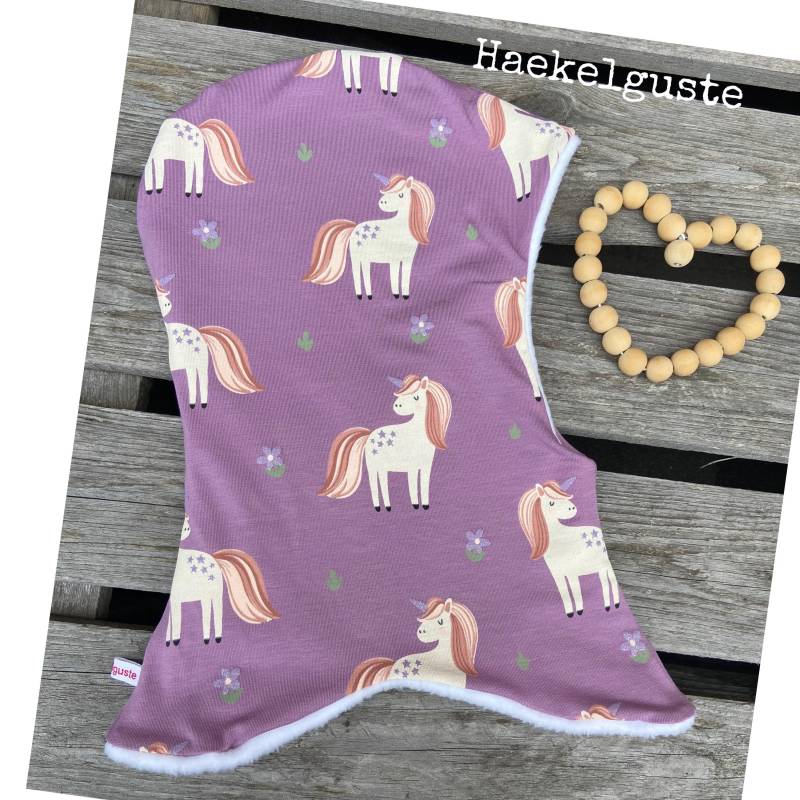 Schlupfmütze Einhorn Jersey O. Fleece Ohrenmütze Mädchen Blau Schalmütze Zipfelmütze Pony Pferd von Haekelguste