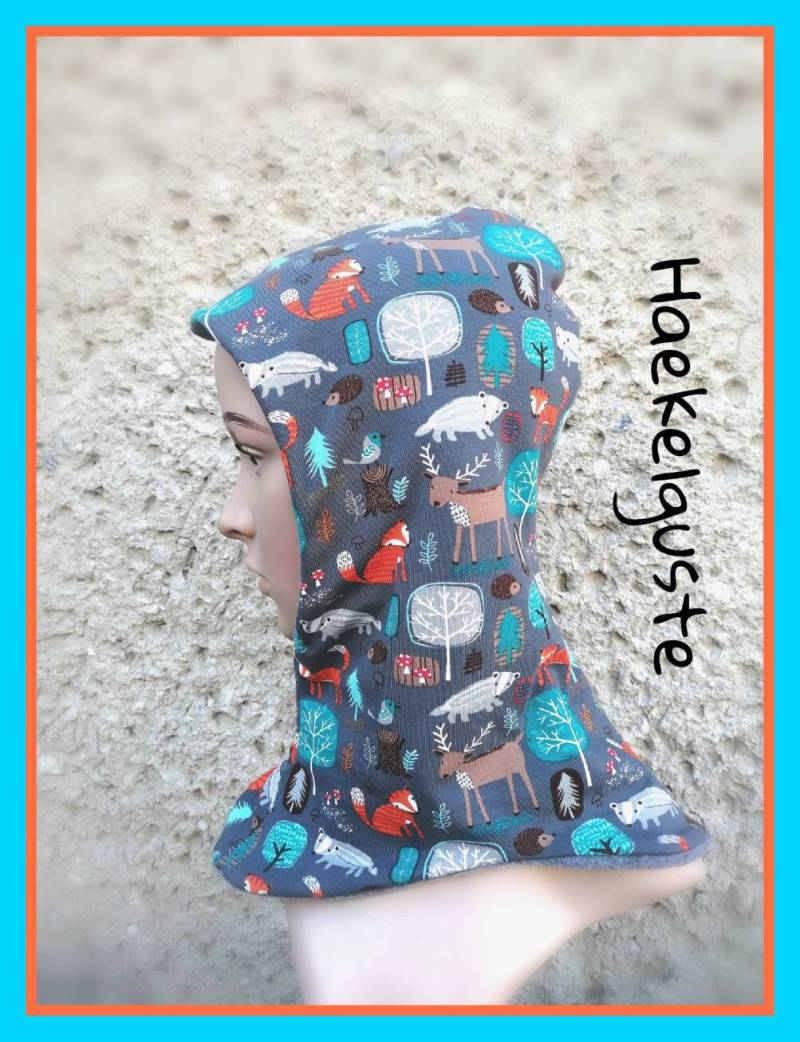 Schlupfmütze "Waldtierchen" Fleece O. Jersey Kinder Schalmütze Ohrenmütze Unisex Mädchen Jungen Grau Fuchs Reh Sturmhaube Waldkindergarten von Haekelguste