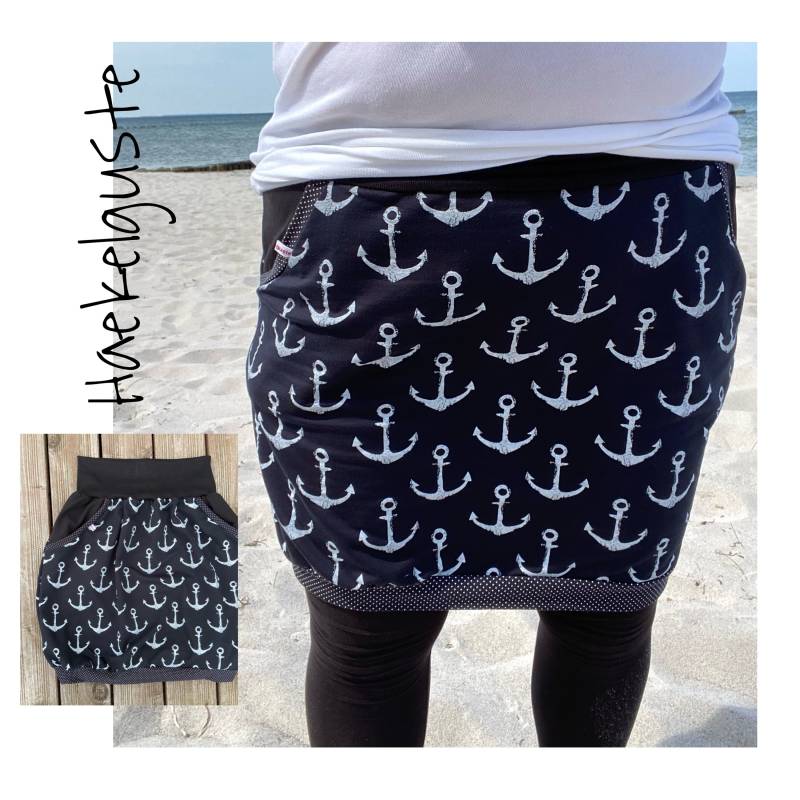 Schwarzer Ballonrock Anker Jersey Curvy Haekelguste Meer Strand Damen Frau Hüftrock Taillienrock Meerliebe Ankerliebe Sommerrock von Haekelguste