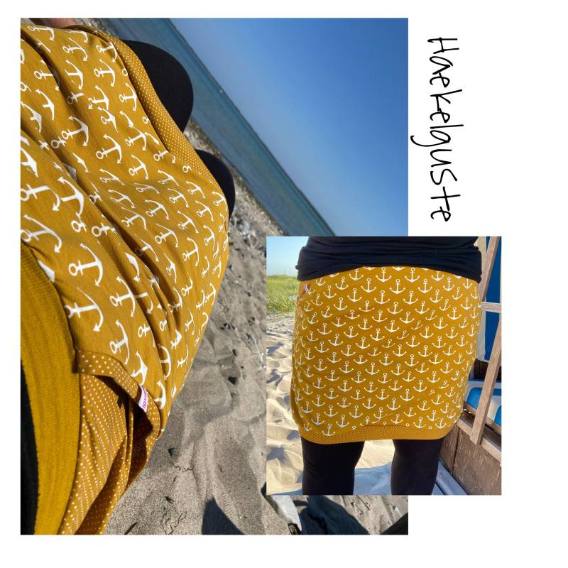 Senfgelber Ballonrock "Anker" Jersey Curvy Haekelguste Meer Okker Strand Damen Frau Hüftrock Taillienrock Meerliebe Ankerliebe Sommerrock von Haekelguste