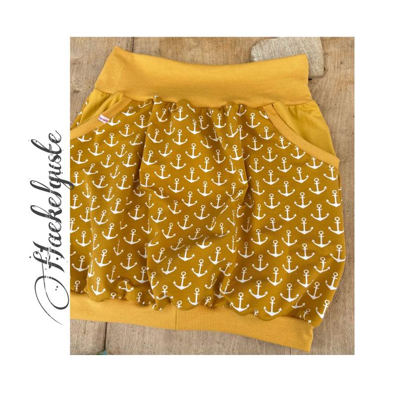 Senfgelber Ballonrock "Anker" Jersey Curvy Haekelguste Meer Okker Strand Damen Frau Hüftrock Taillienrock von Haekelguste