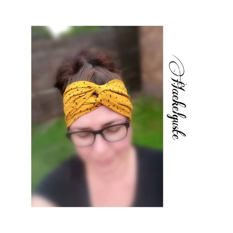 Senfgelbes Turban Stirnband Vorn Gedreht Haarband Knoten Damen Teenager Doppelt 2 Lagig Breites Senfgelb Okker Punkte Schwarz von Haekelguste
