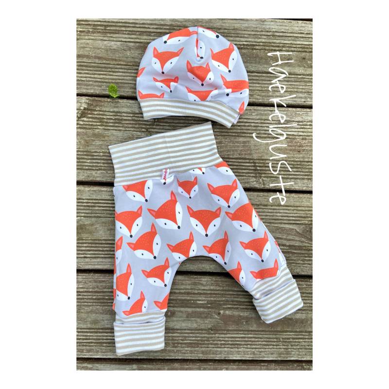Set 2Tlg Baby Erstlings Frühchen Hose+ Mütze Geschenk Fuchs Geburt Born Bio Pumphose Puppenkleidung New Neugeborenen Jogger Pants von Haekelguste