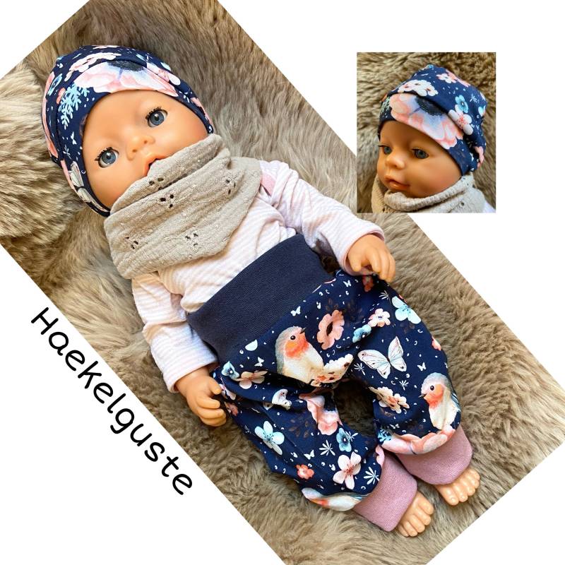 Set 2Tlg Baby Erstlings Frühchen Hose + Mütze Geschenk Geburt Born Dunkelblau Vogel Puppenkleidung New Neugeborenen Jogger Pants von Haekelguste
