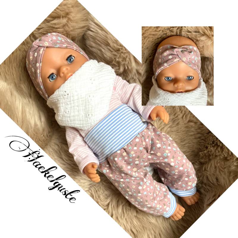 Set 2Tlg Baby Erstlings Frühchen Hose + Stirnband Geschenk Geburt Born Rosa Streublümchen Puppenkleidung New Neugeborenen Rose von Haekelguste