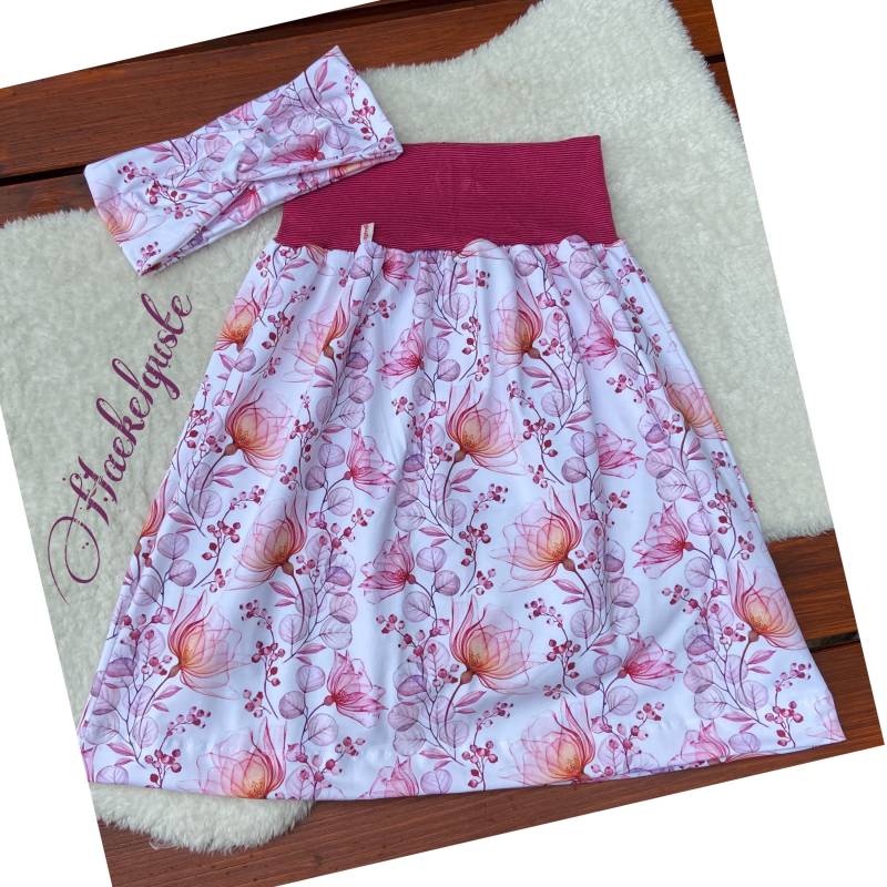 Set Gr. 40-42 " Wunderblume Haarband + Rock Damen M Jersey Rock Knielang Weiß Blumen von Haekelguste