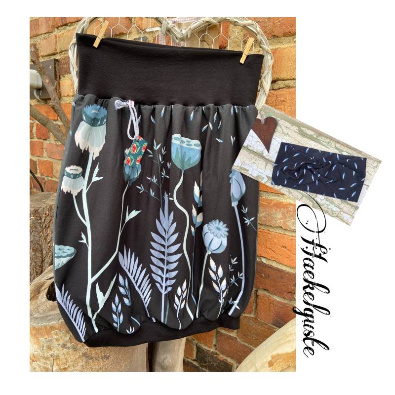 Set Gr. 46 Ballonrock " Herbstnacht Stirnband Jersey Blätter Blumen Gräser Schwarz Weiß Damen Rock Mit Taschen von Haekelguste