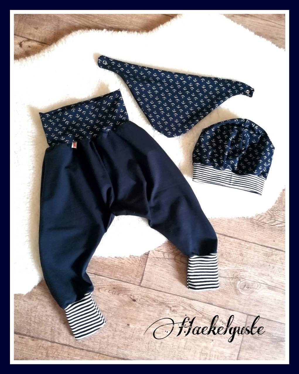 Set Gr. 86-92 " Anker" Pumphose+Mütze+Tuch Unisex Hose Mütze Tuch Geschenk Set Baby Kind Geburtstag Dunkelblau Anchor Mitwachshose von Haekelguste