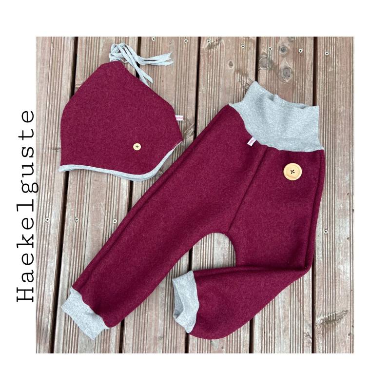 Set Gr. 86-92 Wollwalk Hose+Mütze Kinder Baby Weinrot Überhose Outdoor Pants Gefütterte Hose Unisex Waldkindergarten Warme von Haekelguste