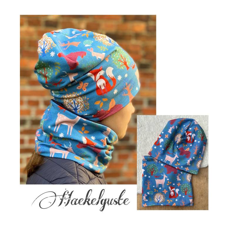Set Jersey O. Fleece " Waldtiere Beanie Loop Übergang Gefüttert von Haekelguste