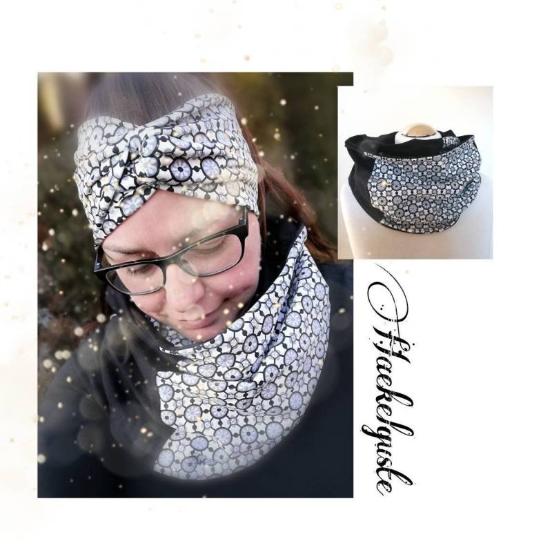 Set Knoten Stirnband + Loop Damen Breites Haedband Turban Schal Schwarz Weiß von Haekelguste