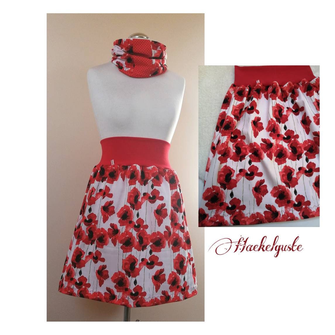 Set " Mohnblume Rock + Loop Damen Weiß Rot Haekelguste Set " Mohnblume Rock + Loop Damen Weiß Rot Haekelguste von Haekelguste