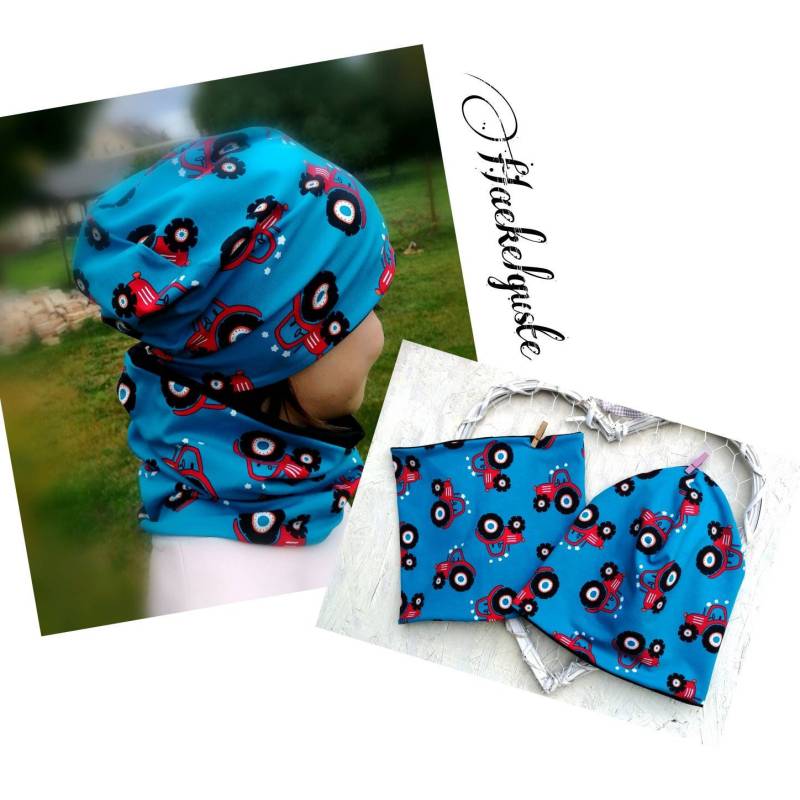 Set Mütze, Traktor Beanie, Loop Jersey O. Fleece Blau Rot Kinder Übergang Herbst Mütze 2 Lagig von Haekelguste