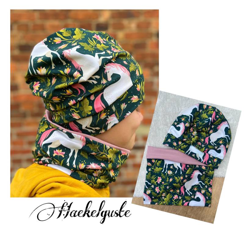 Set " Pferd" Beanie+ Loop Wende Jersey O. Fleece von Haekelguste