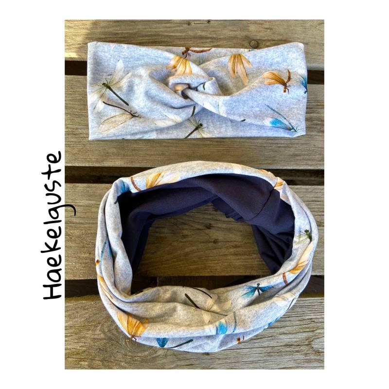 Set Stirnband " Libelle + Loop Mädchen Knotenstirnband Grau Twist Schlupfloop Schal Tuch von Haekelguste