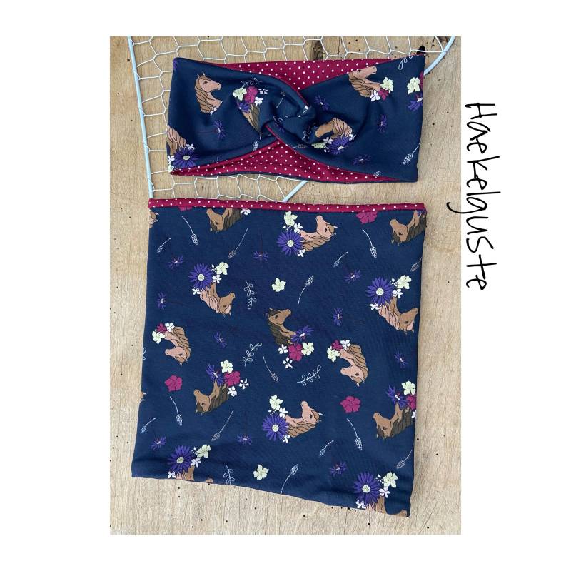 Set Stirnband "Pferde" Loop Dunkelblau Punkte Mädchen Knotenstirnband Haarband Knoten Turban von Haekelguste