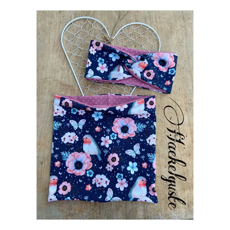 Set Stirnband " Rotkehlchen + Loop Mädchen Knotenstirnband Vogel Dunkelblau Rosa Punkte Twist von Haekelguste