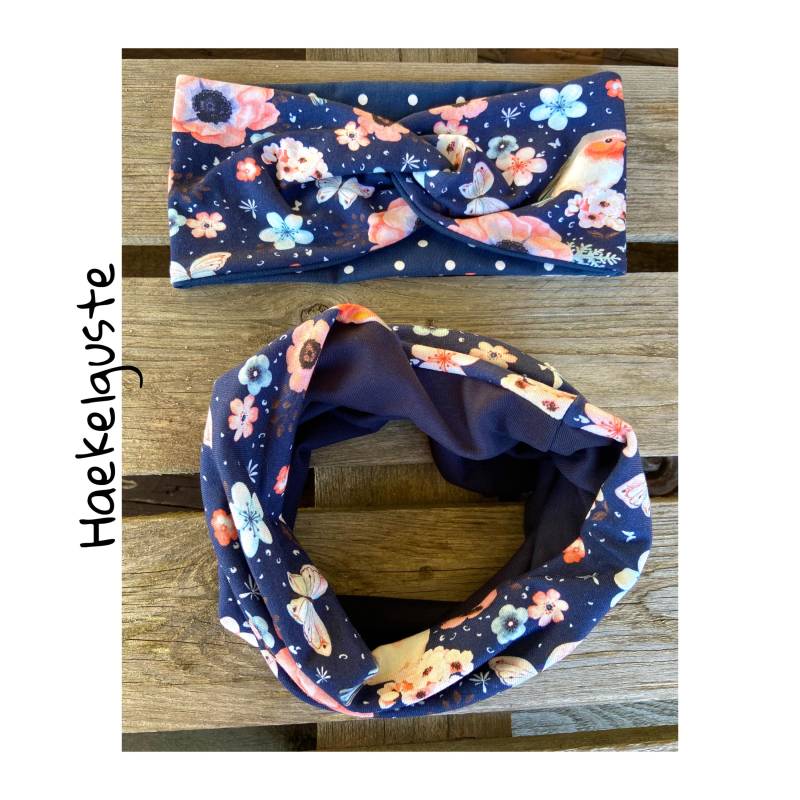 Set Stirnband + Loop Mädchen Knotenstirnband Dunkelblau Rotkehlchen Blumen Twist Schlupfloop Schal Tuch von Haekelguste