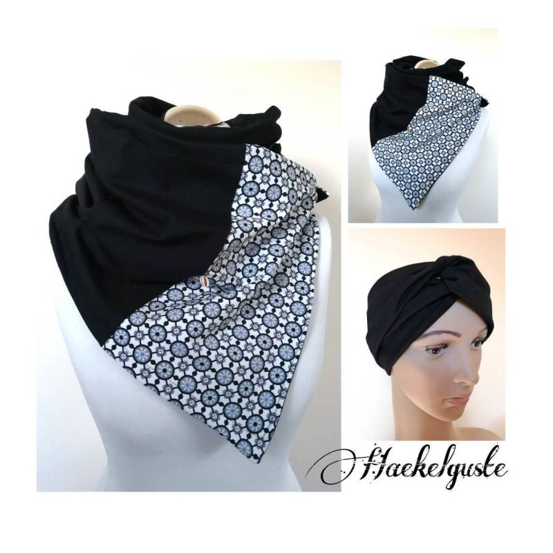 Set Turban Stirnband + Wickelschal Damen Knotenstirnband Breit Doppelt Loop Schwarz Weiß von Haekelguste