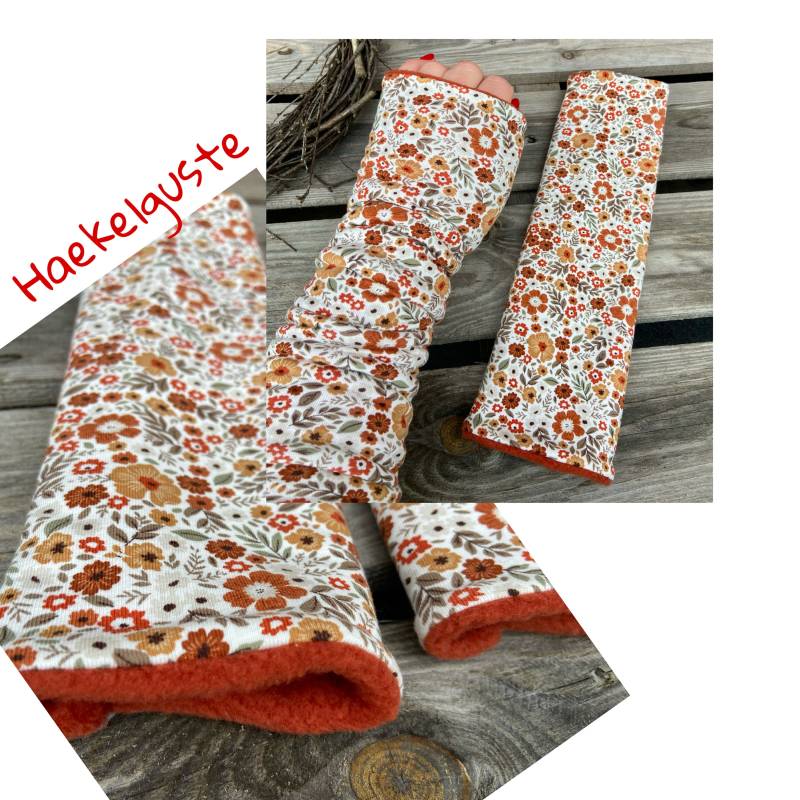 Stulpen Stirnband Beanie Loop Damen Set Winter Armstulpen Freundin Fleece Retro Blumen Rostrot Oliv Herbst Haedband von Haekelguste