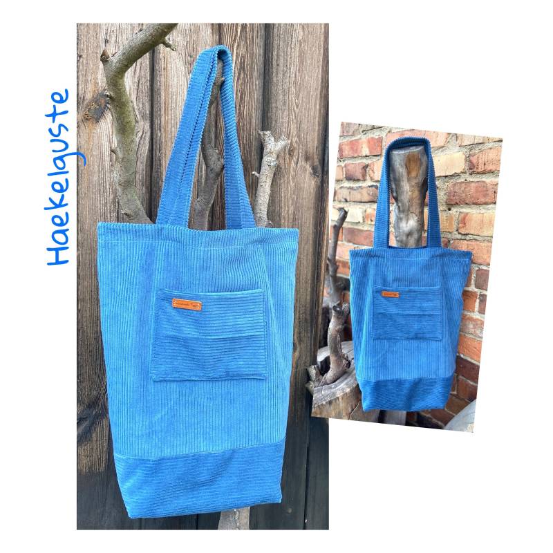 Tasche Shopper Breitcord Blau Mit Innentasche Außentasche von Haekelguste