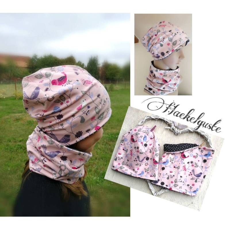 Wende Beanie Oder Loop Rosa Vogel Mädchen Mütze Übergang Gefüttert von Haekelguste