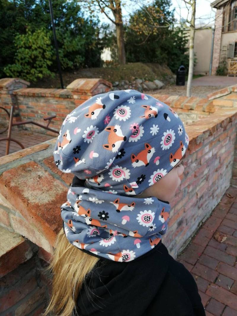 Wende Jersey O. Fleece " Fuchs Beanie Loop Kinder Mütze Grau Blume von Haekelguste