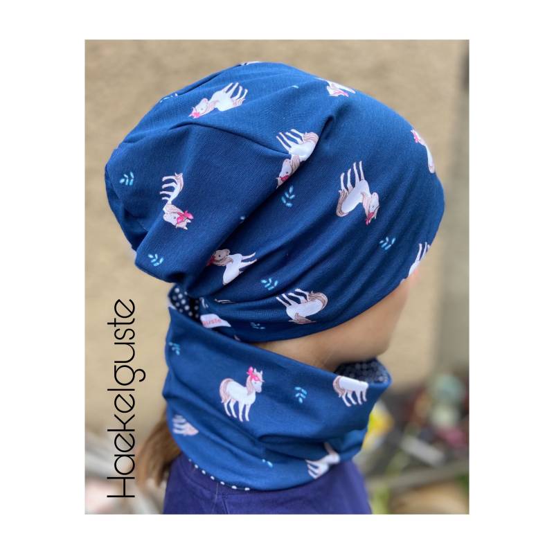 Wende Jersey O. Fleece " Pferd" Beanie Loop Mädchen Set Horse Dunkelblau von Haekelguste