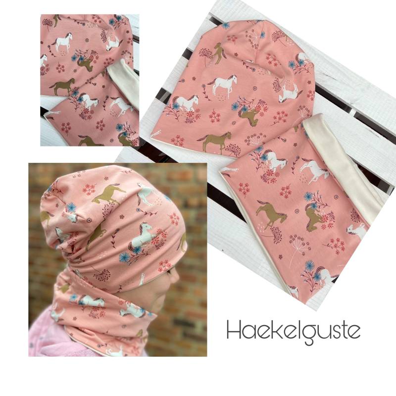 Wende " Pferde Set Jersey Beanie+ Loop Mädchen Mütze Gefüttert Übergang Longbeanie Rosa Creme von Haekelguste