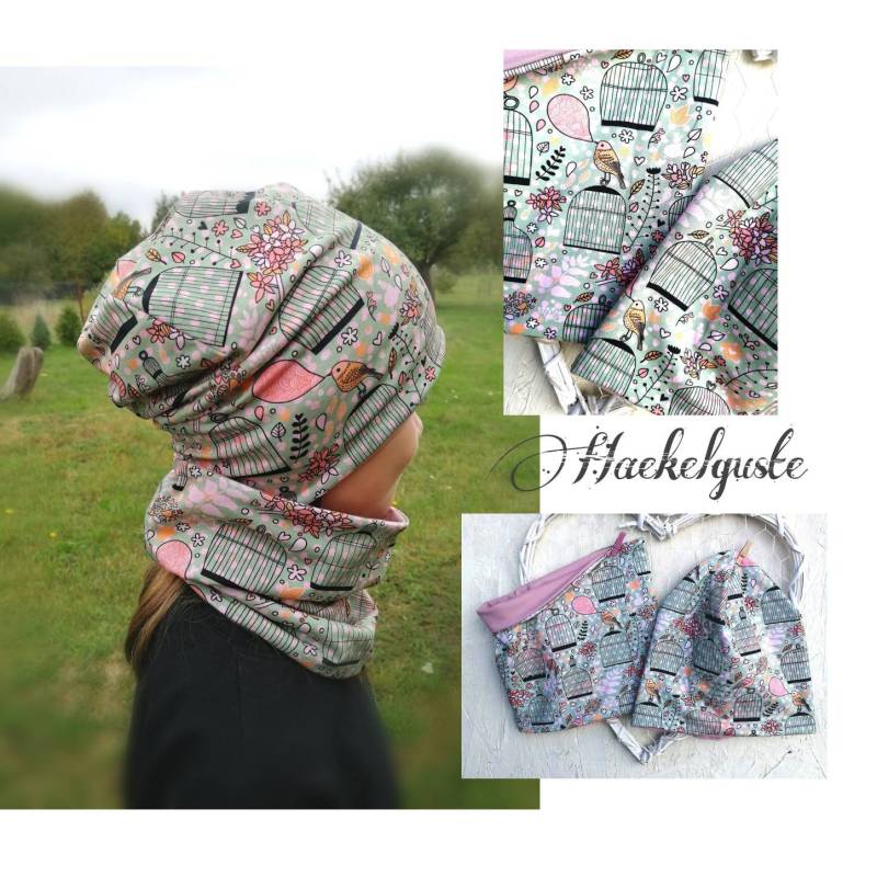 Wende Set Jersey Beanie+ Loop Vogelkäfig Mintgrün Mädchen Mütze Longbeanie Tuch Schal von Haekelguste