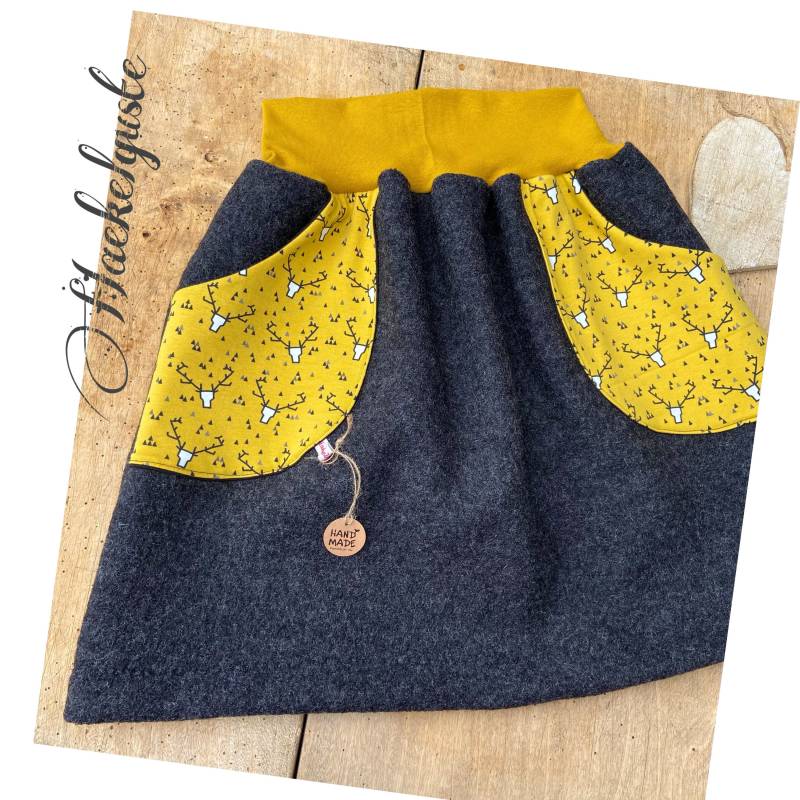 Wollwalk Rock Gr. Xs - Xxl A-Form Grau Damen Mit Taschen Hirsch Senfgelb Warmer Wolle Naturwolle von Haekelguste