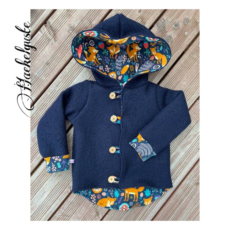 Wollwalk Schurwolle Walkmantel Jacke Dunkelblau Fuchs Waldtiere Zipfeljacke Kinder Mantel Unisex von Haekelguste